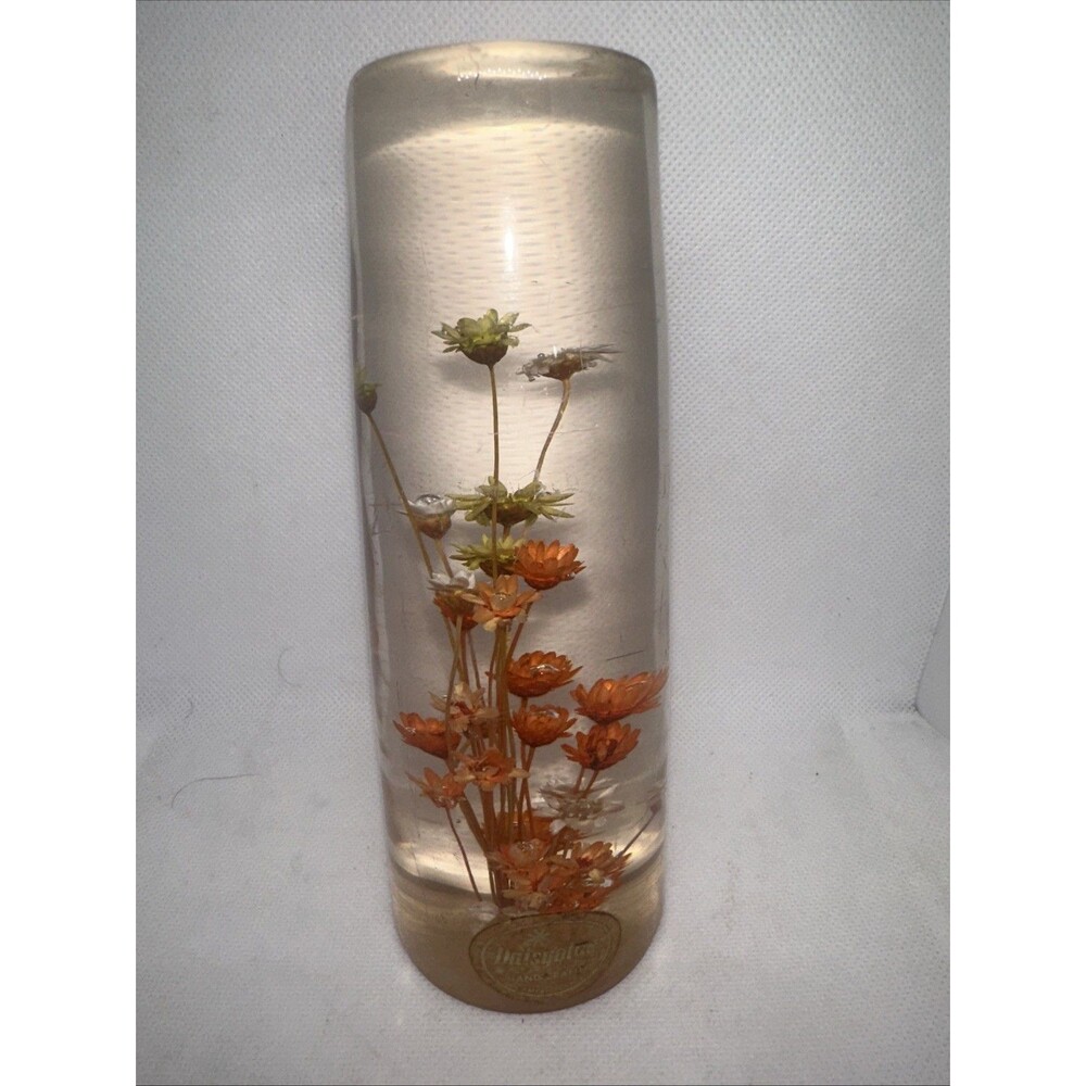 Daisyglas Co. Lucite Resin Paperweight Real Dried Flowers BEAUTIFUL VTG